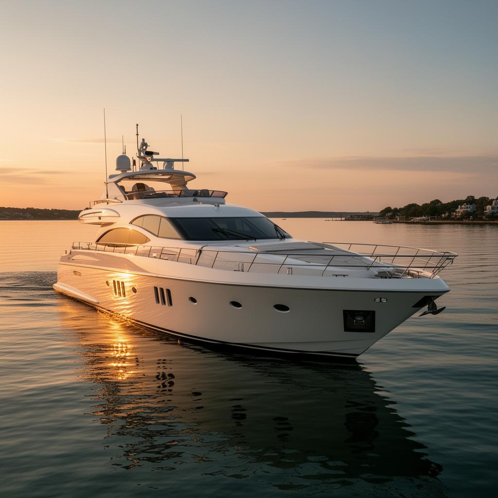 Restored white yacht at sunset